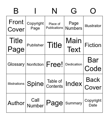 Parts of a Book BINGO Card
