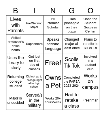 First Generation Bingo Card