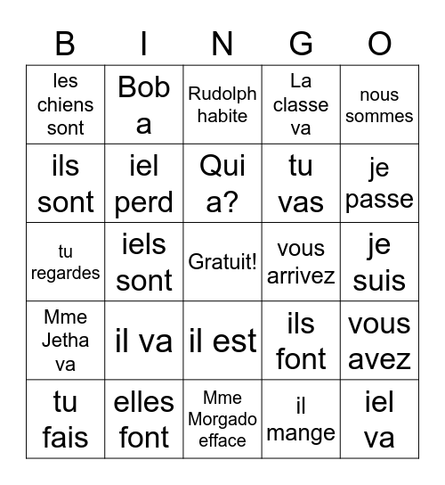 Les Verbes Bingo Card