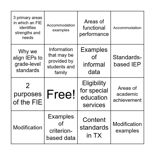 IEP Lingo Bingo Card