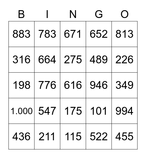Les nombres 0 à mille Bingo Card