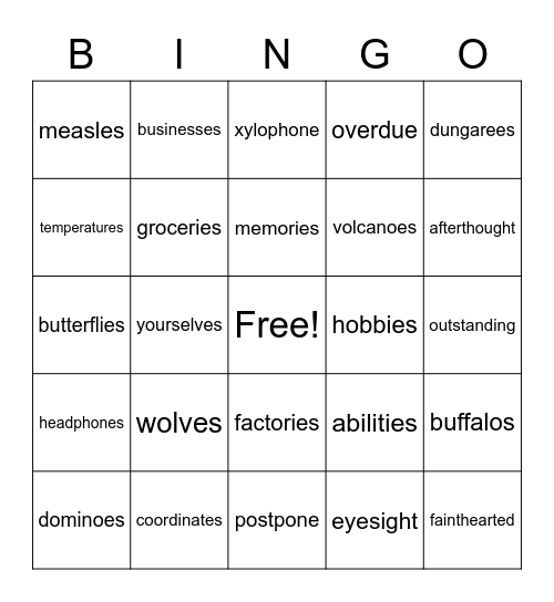 Spelling Bingo Card