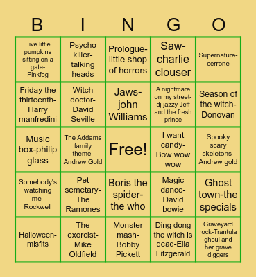 Halloween Music Bingo Card