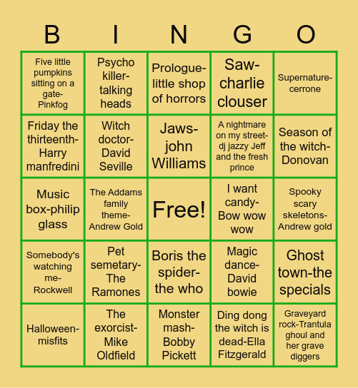 Halloween Music Bingo Card