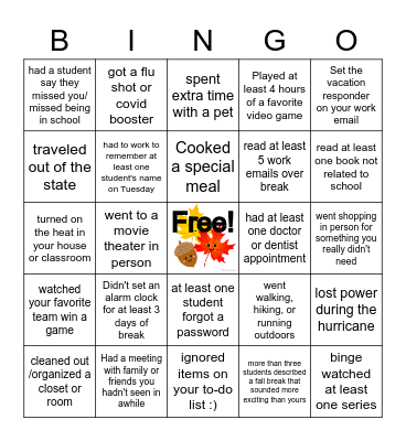 Exploris Post-Fall Break Bingo Card