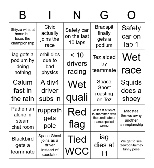 Div 3 Final Race Bingo Card