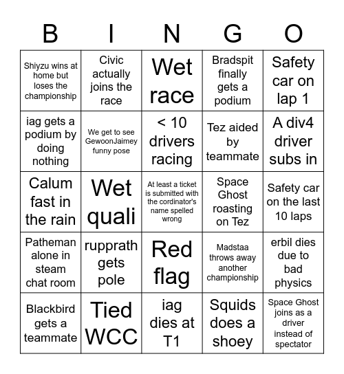 Div 3 Final Race Bingo Card