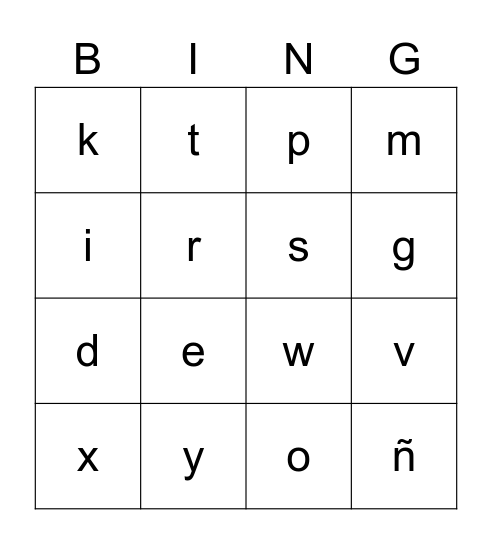 Spanish Alphabet Bingo Card