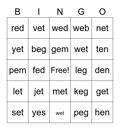 CVC short E BINGO Card