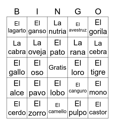 Los animales Bingo Card