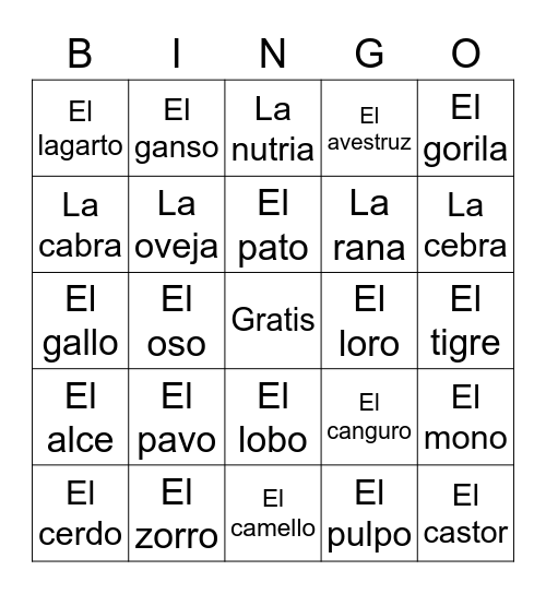 Los animales Bingo Card