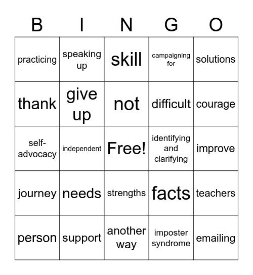 Self-Advocacy Bingo Card