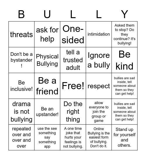 Bully Bingo Card