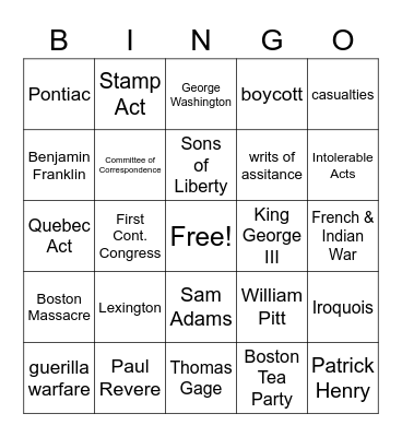 Ch 5: Conflict in the Colonies Bingo Card