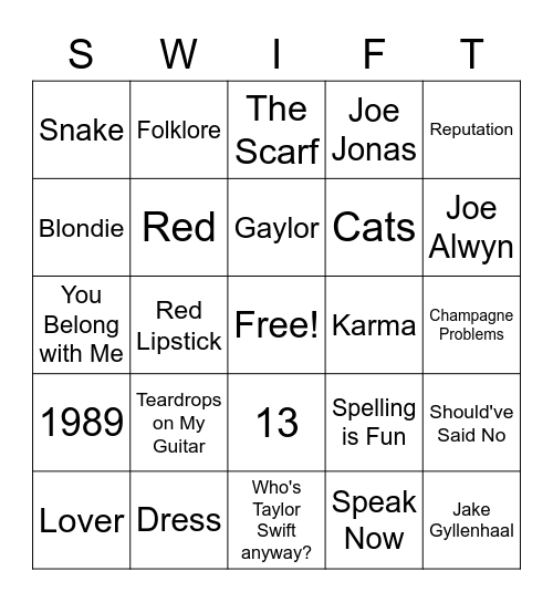 Bingo (Taylor's Version) Bingo Card