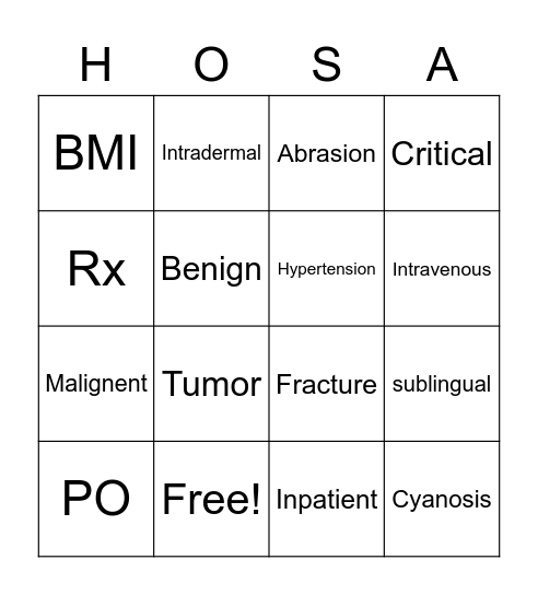 Medical Terminology Bingo Card