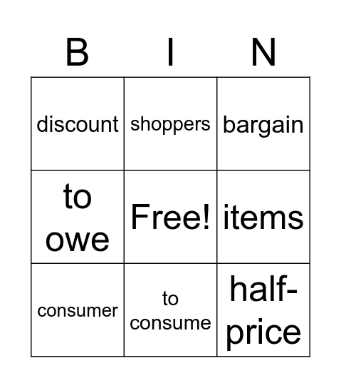 shopping Bingo Card