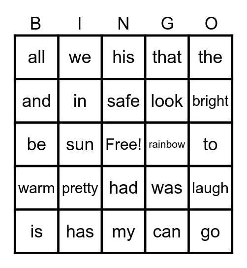 Vocabulary and sight word BINGO Card