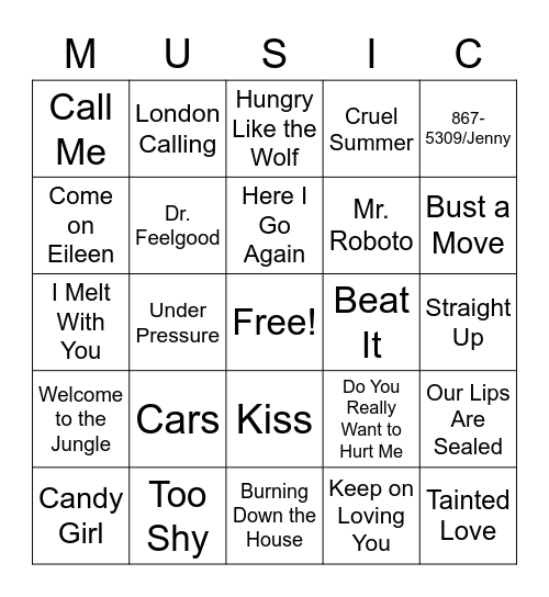 Round 3: 1980s Hits Bingo Card