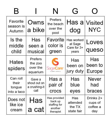 Sage Care Therapy Bingo Card