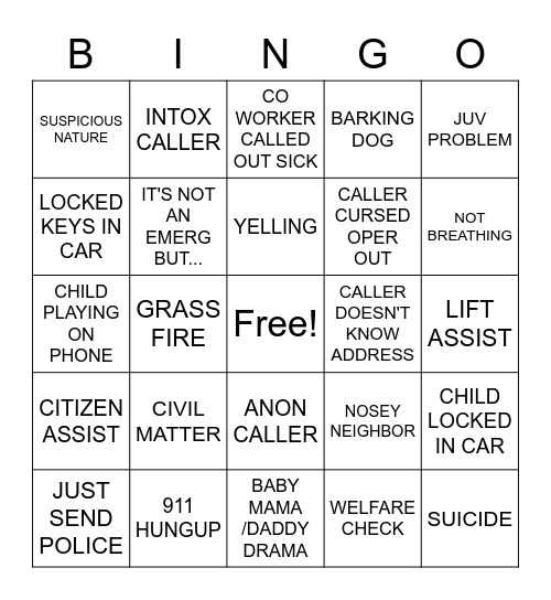 911 CALLERS Bingo Card