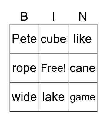 Silent e Bingo Card