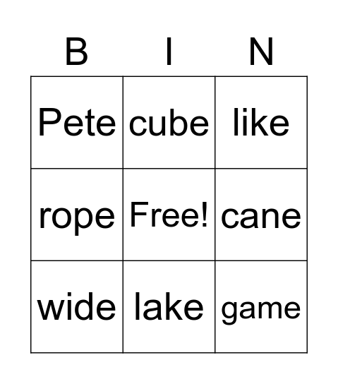 Silent e Bingo Card