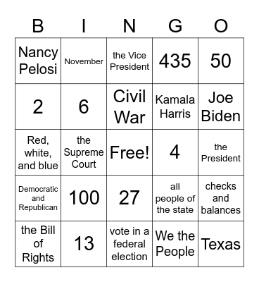 Civics Bingo Card