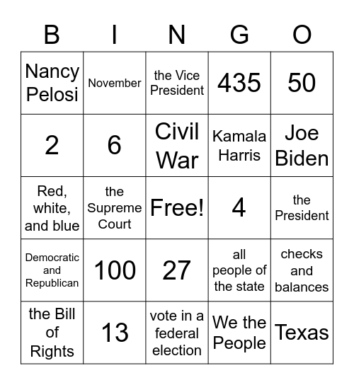 Civics Bingo Card