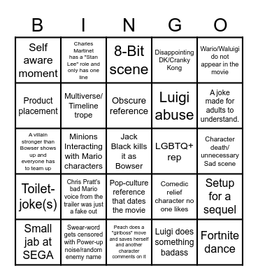 The Super Mario Bros Movie Bingo Card