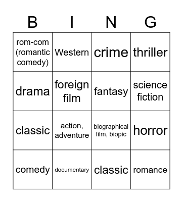 Film/movie genres Bingo Card