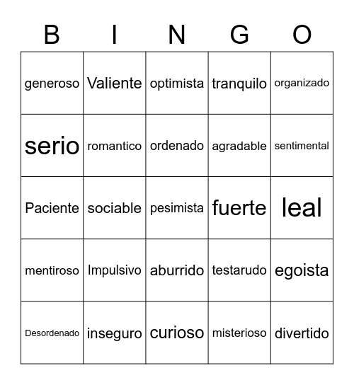 Personalidad Bingo Card