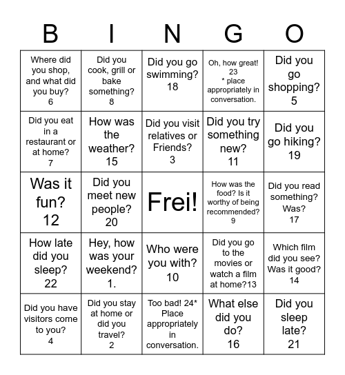 Wochenende Chat Bingo Card