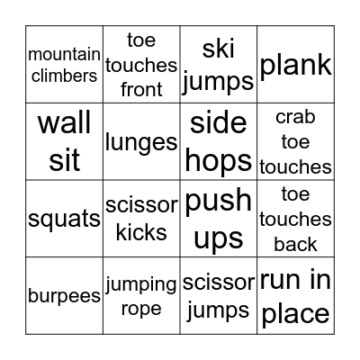Fitness Bingo Warm Up Bingo Card
