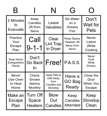 Fire Safety BINGO Card