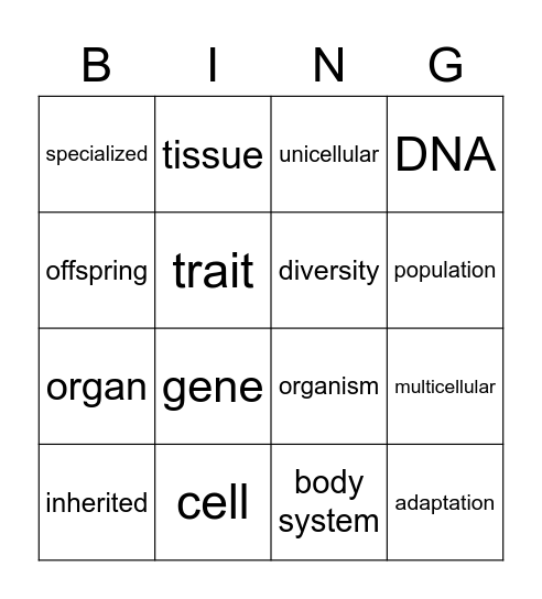 5th Grade Cells & Genetics Bingo Card