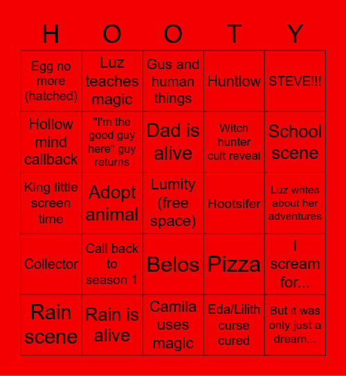 Owl House S3 Prediction Bingo Card