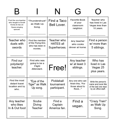 Teacher Fun Facts Trivia Bingo Card