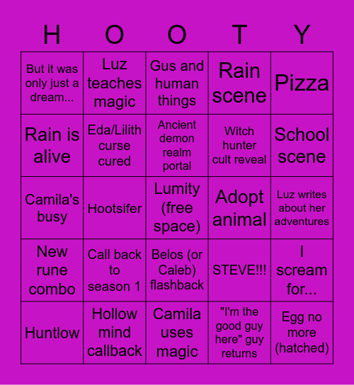 Owl House S3 Prediction Bingo Card