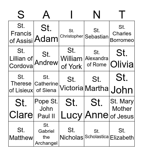 Our Patron Saints Bingo Card