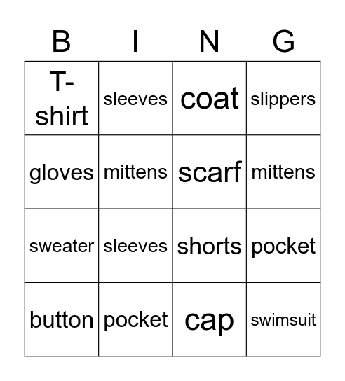 Clothes (Summer and Winter) Bingo Card