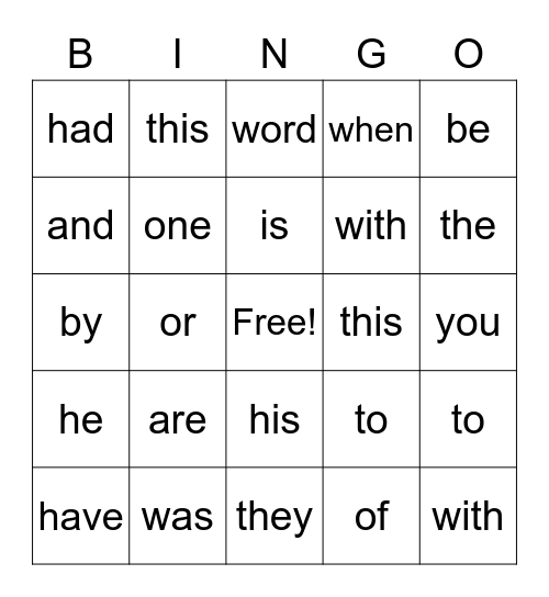 Sight Words Bingo Card