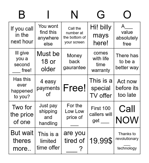 Billy Mays Infomercial Bingo Card