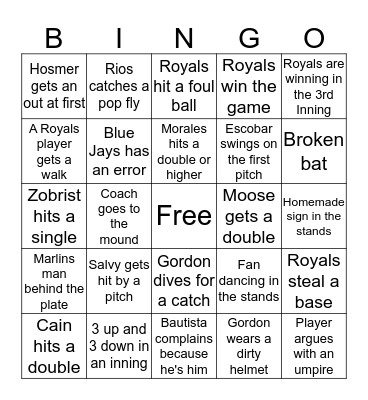 Royals Baseball Bingo Card