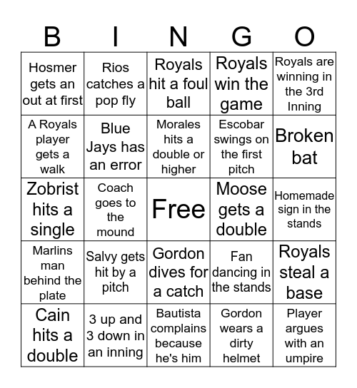 Royals Baseball Bingo Card