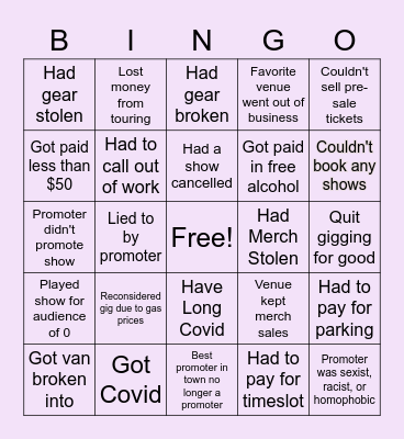 2022 Touring Musician Bingo Card
