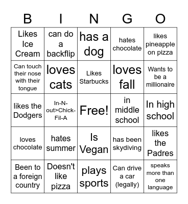 South Bay Youth (10/12) Bingo Card