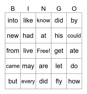 Sight Words Bingo Card