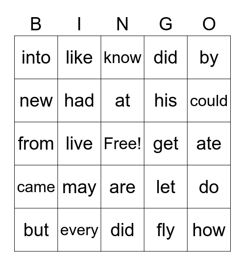 Sight Words Bingo Card