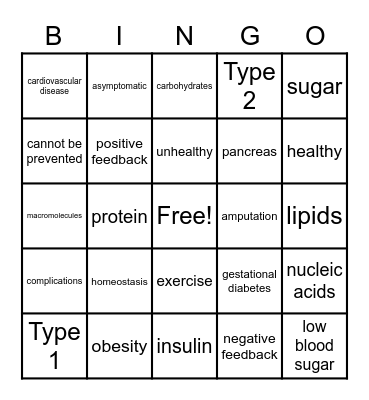 Ms. Q's Bingo Game- Diabetes Bingo Card